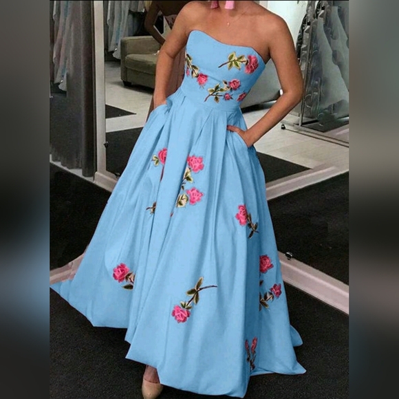 New Chic Flowy Floral Print Sweetheart Strapless Midi Dress Yellow Pink Green - Picture 8 of 10